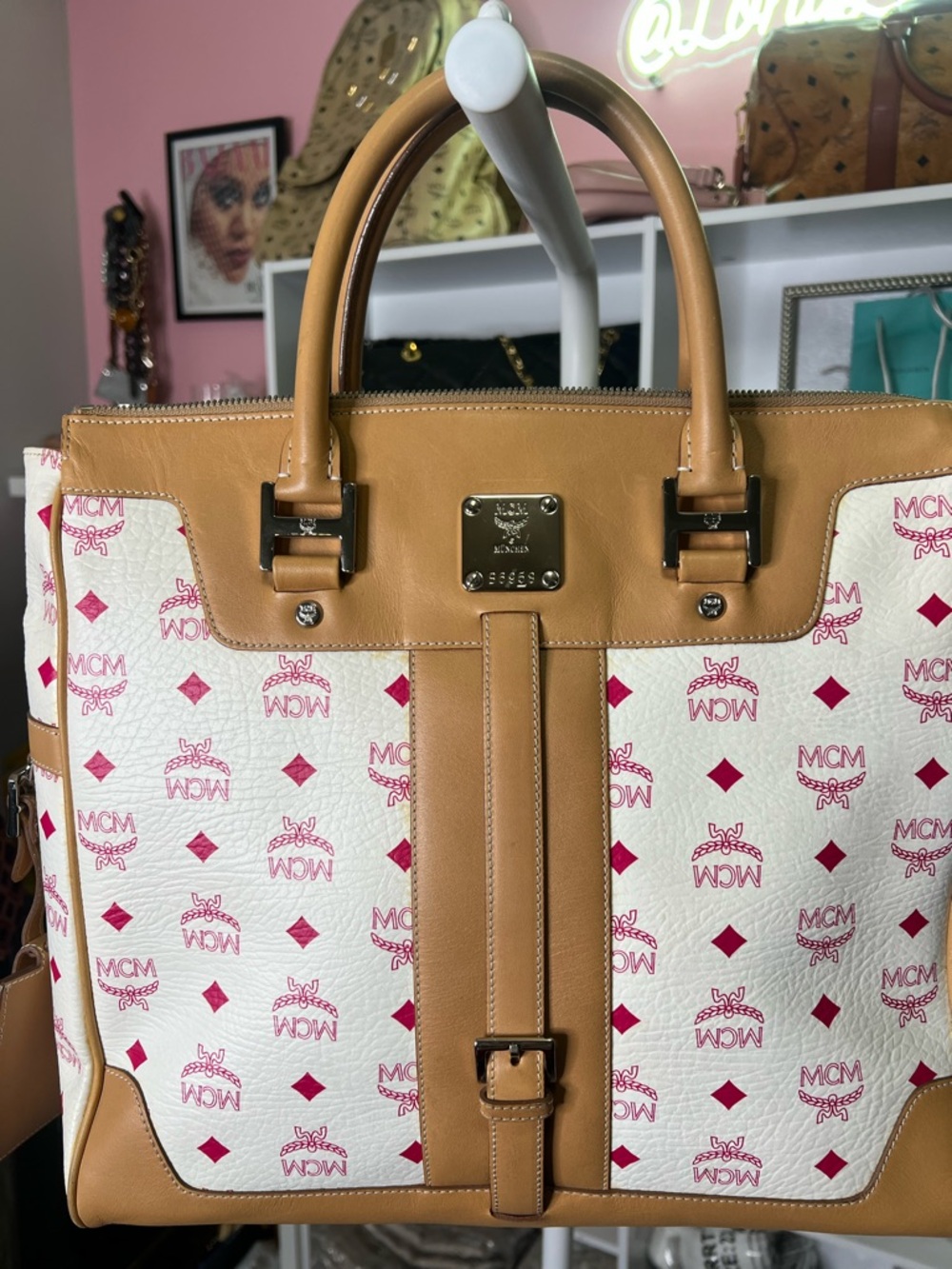 MCM  MONOGRAM PINK ABD WHITE TRAVEL BAG WITH LUGGAGE/ID TAG